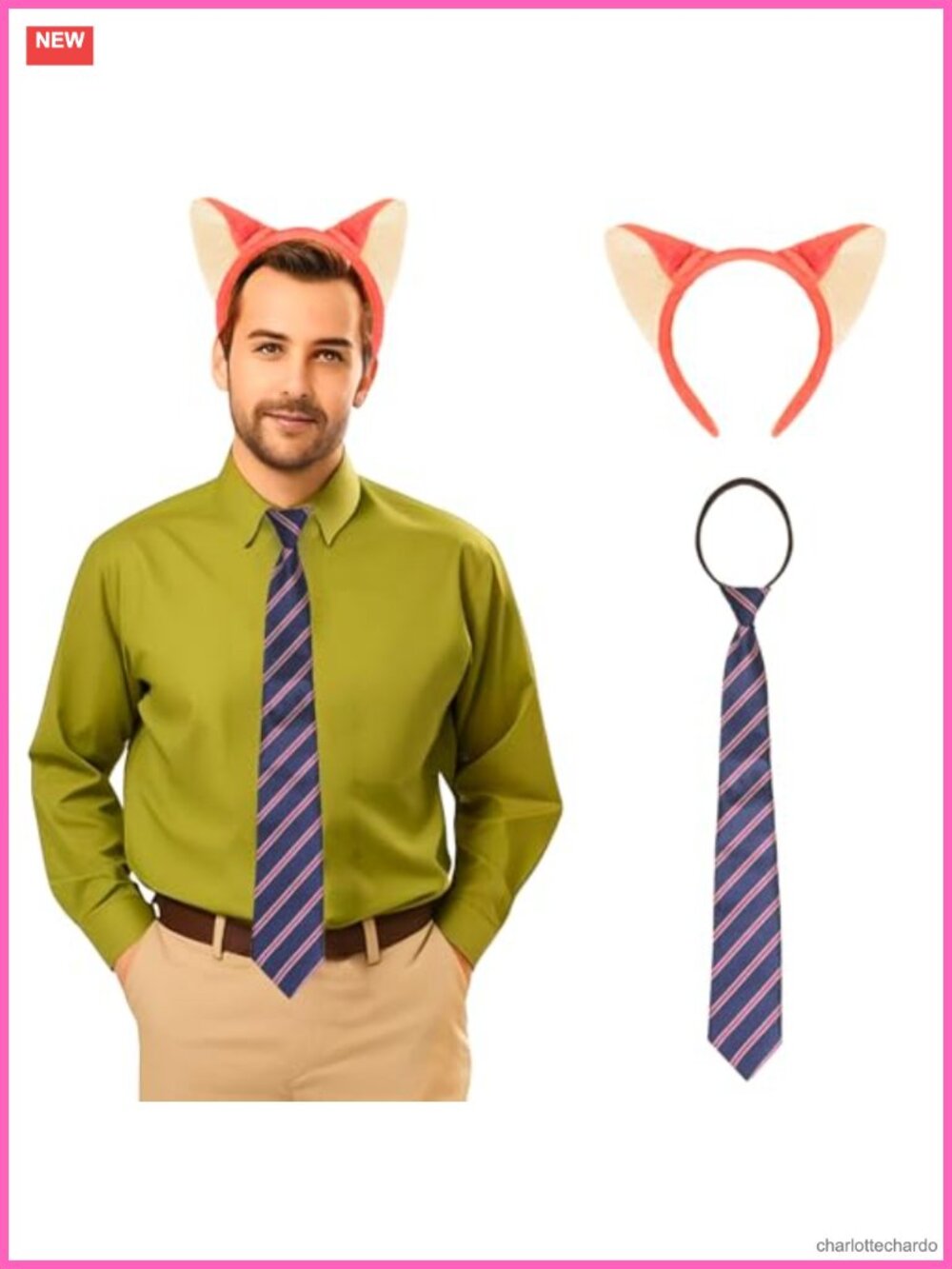Fox Ears Headband & Striped Necktie Costume Set Plush Adult Cosplay